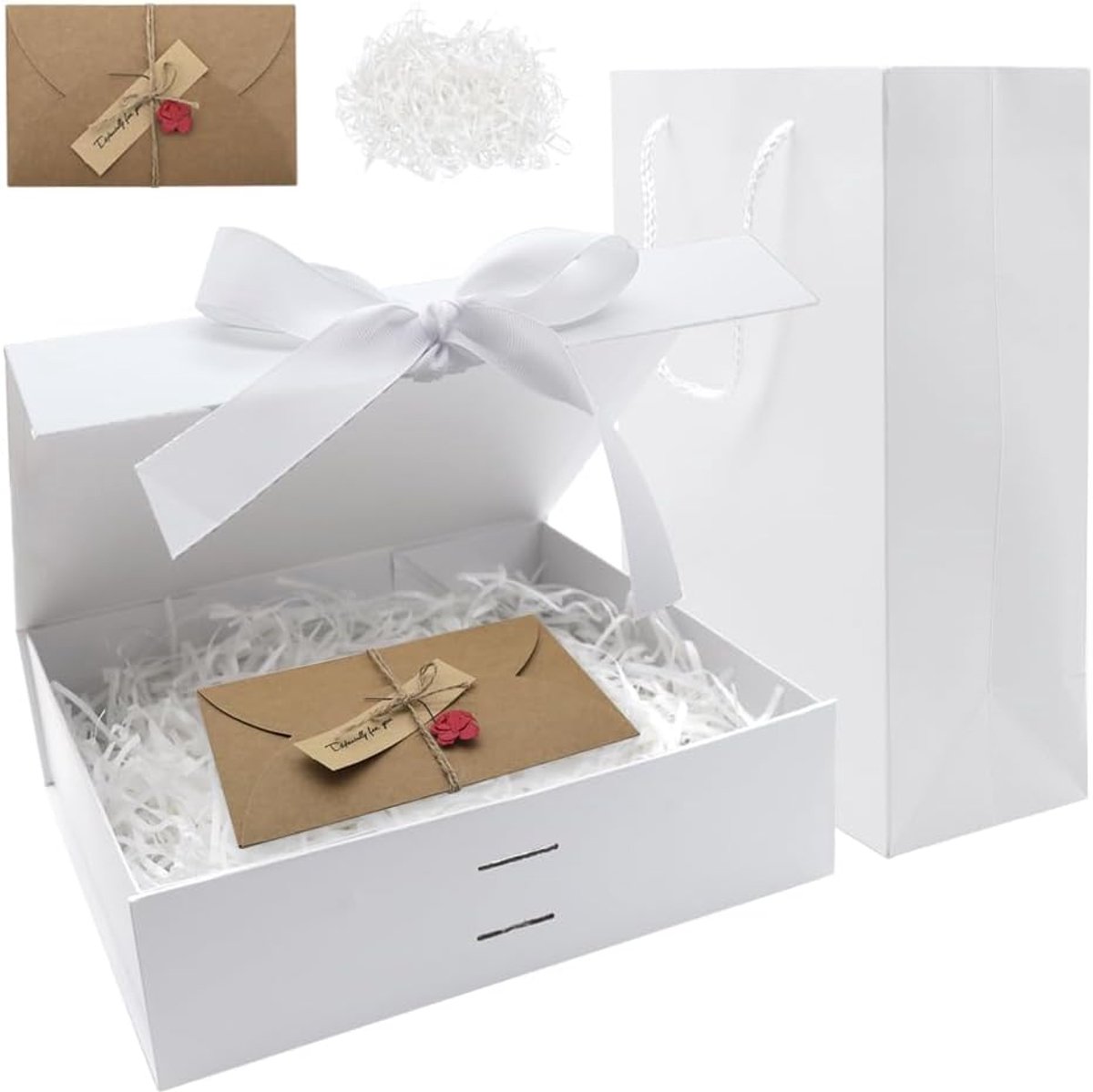 Geschenkdoos met wit deksel 26 × 19 × 8 cm - magnetisch - met strik en tas - perfect voor cadeauverpakking - SnelShoppen