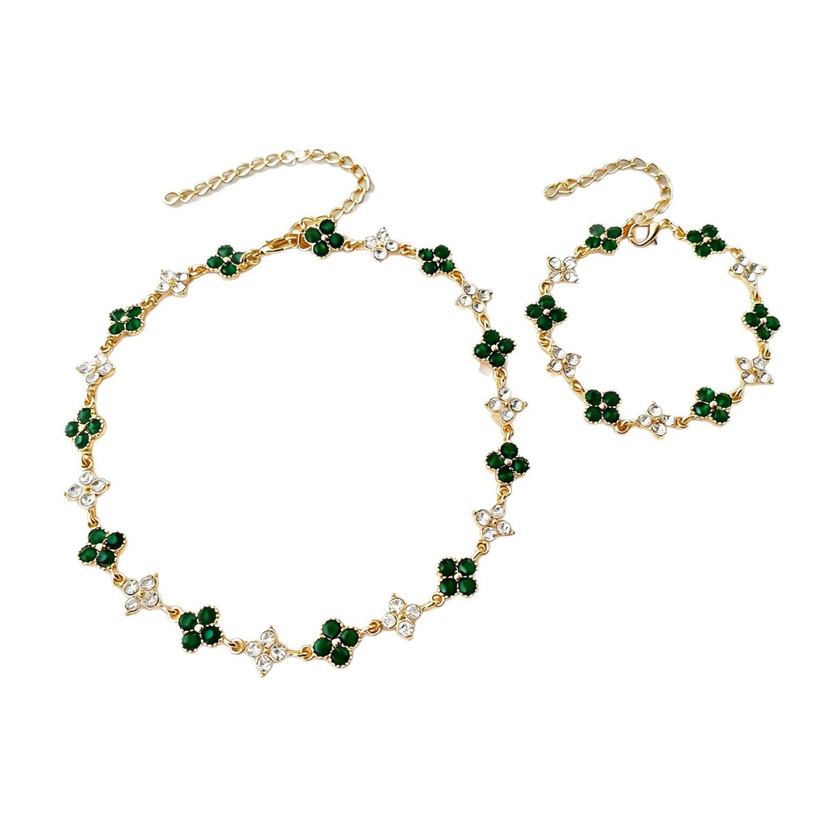 Helin Life Klavertje Vier Ketting & Armband Set Dames – Goudkleurige Sieradenset met Groene Kristallen – Verstelbare Halsketting en Armband – Elegant Cadeau voor Vrouwen