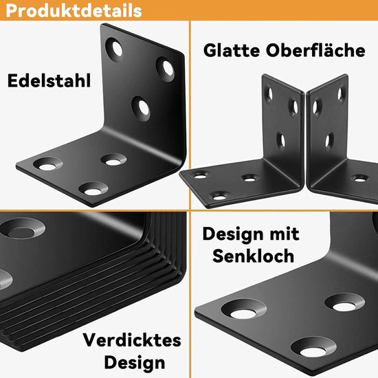 10 stuks hoekverbinders, 50 x 50 x 50 mm, zwart, roestvrij staal, houtverbinders - Balkhoek houtverbinder, A2 V2A metalen hoekverbinder met schroeven voor lade, kast en meubelreparaties — afbeelding 4
