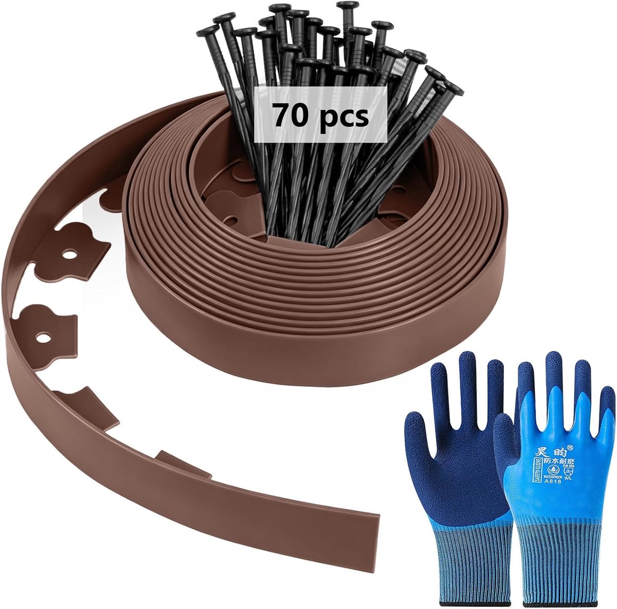 Gazonrand van flexibel kunststof met grondanker + paar handschoenen, perkrand, perkrand, perkrand, maairand, bestrating, palissade (bruin, 15 m)