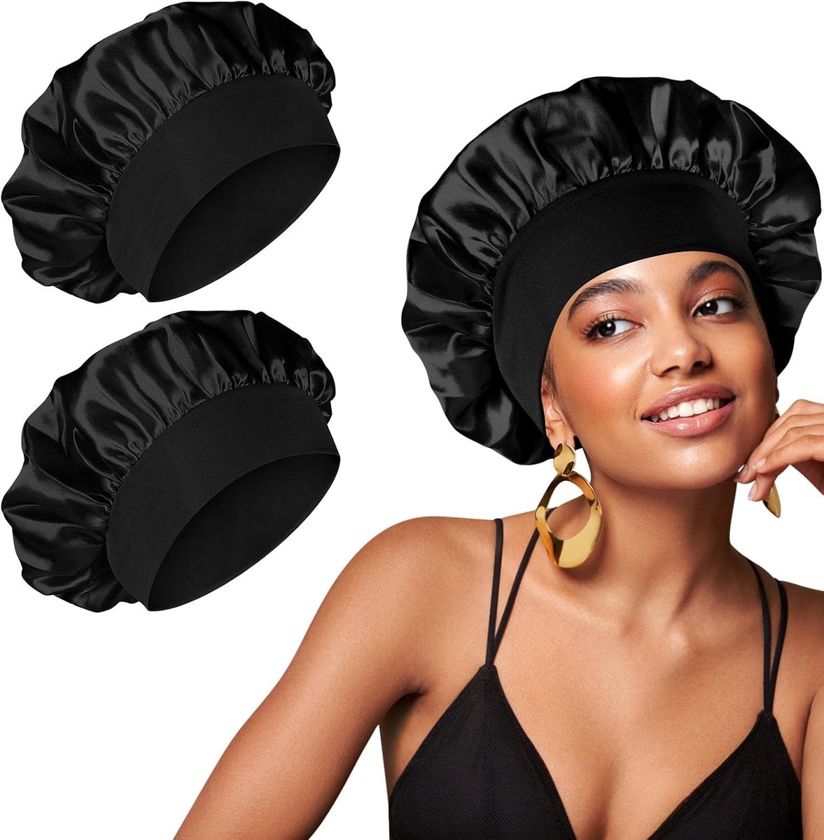 haarmuts met bonnet, haarkap voor 's nachts, zijdemuts om te slapen, herbruikbare zijden haarmuts voor dames en meisjes, 2 stuks, zwart x 2