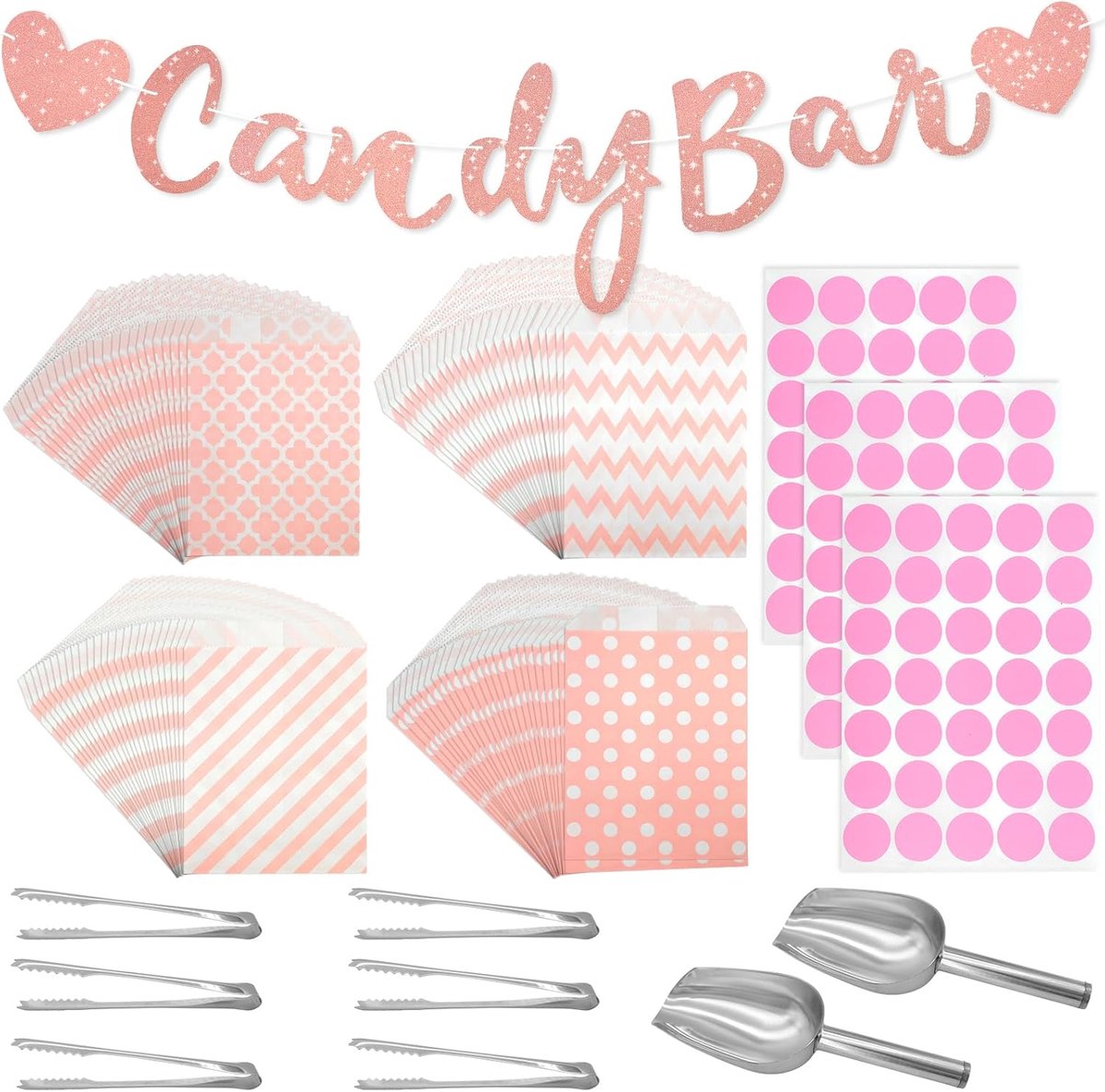 Accessoireset: 112 Stuks, Bevat 100 Snoepzakjes, 6 Suikertang, 2 Ijsschepen, 3 Vellen Stickers, 1 Roze Decoratie - Perfect Voor Bruiloften, Verjaardagen En Feesten