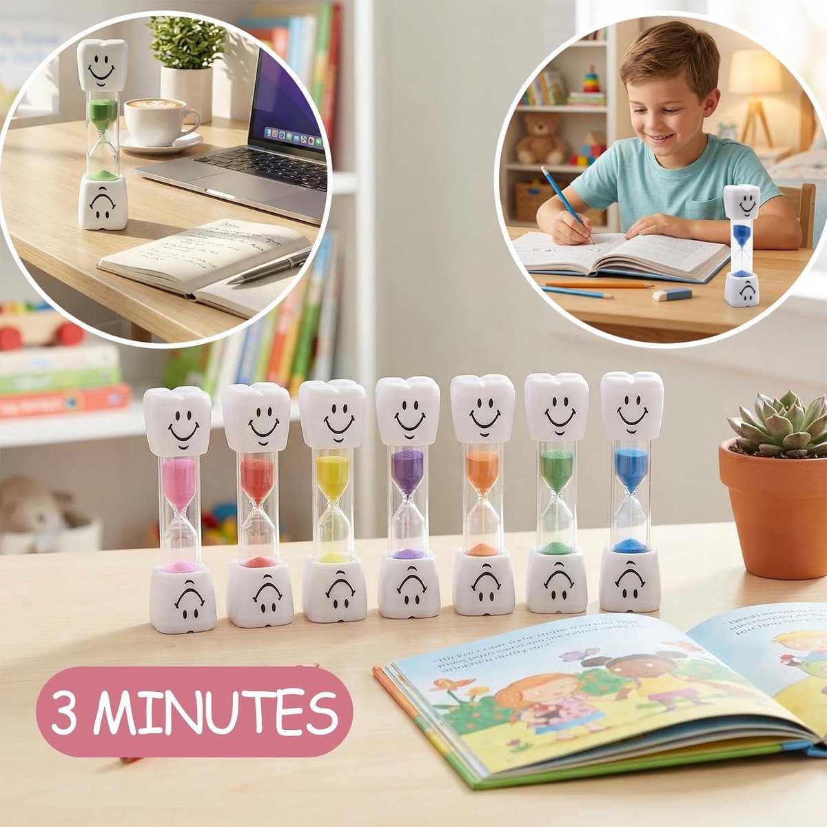 Set van 7 gekleurde zandborsten voor kinderen - Timer van 3 minuten voor het borstelen van tanden, spelletjes, keuken en decoratie, met 7 verschillende stijlen voor elke dag van de week