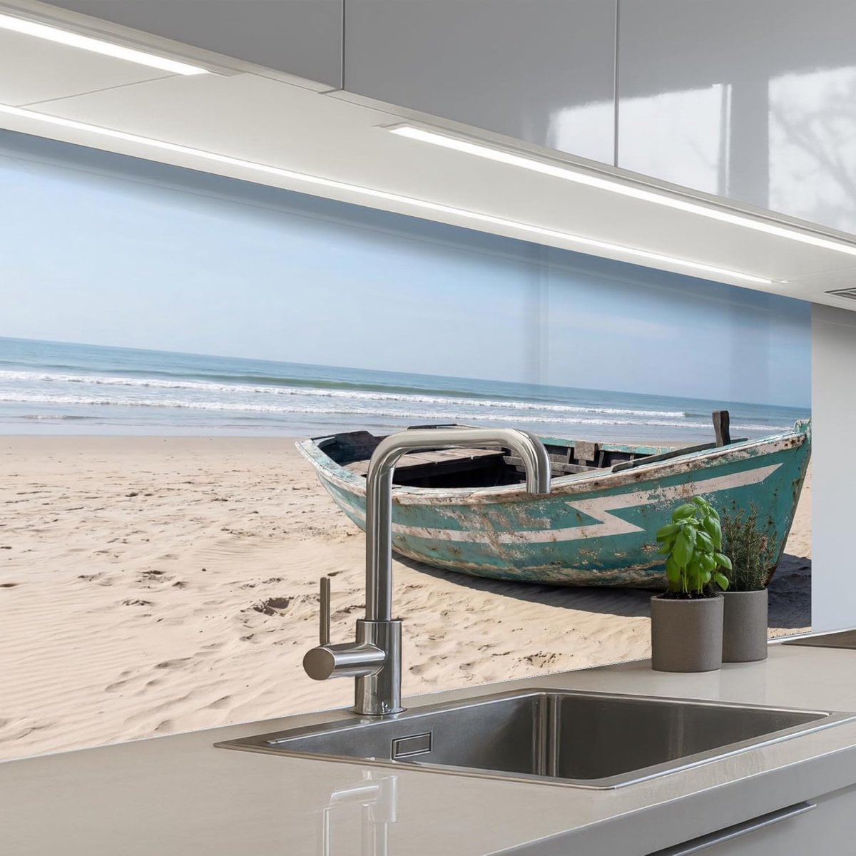 Keukenachterwand 60x100 cm zelfklevend keuken decoratie accessories home kitchen spatscherm Boot - Zandstrand - Zee