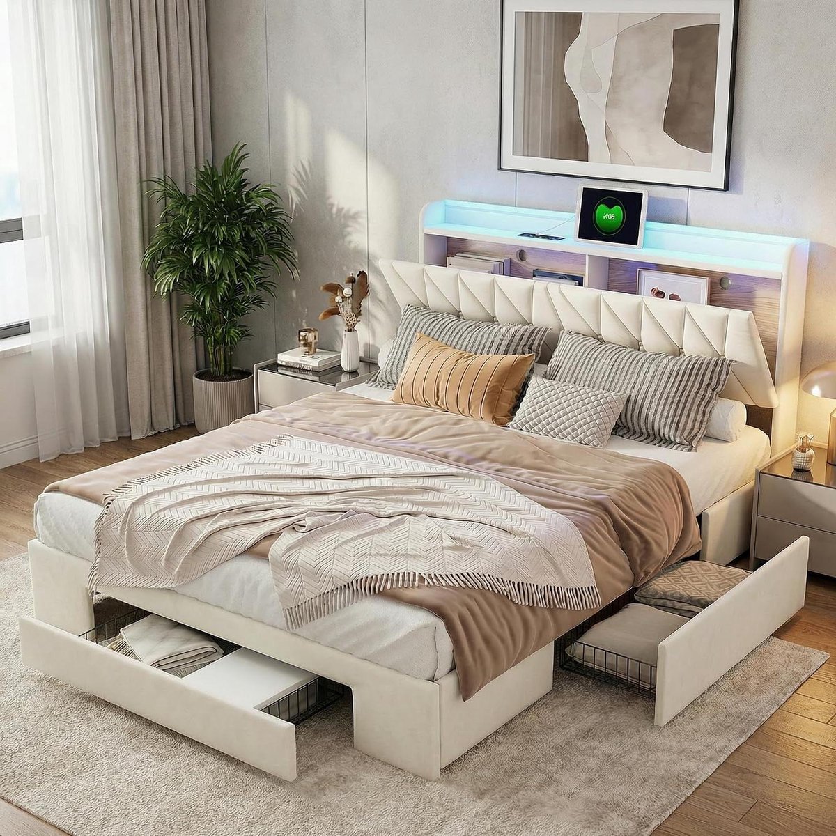 Gestoffeerd Bed - Opbergbed Jeugdbed - Slaapkamer Organisatie - Hoofdeinde met plank - 140x200 cm - Samt