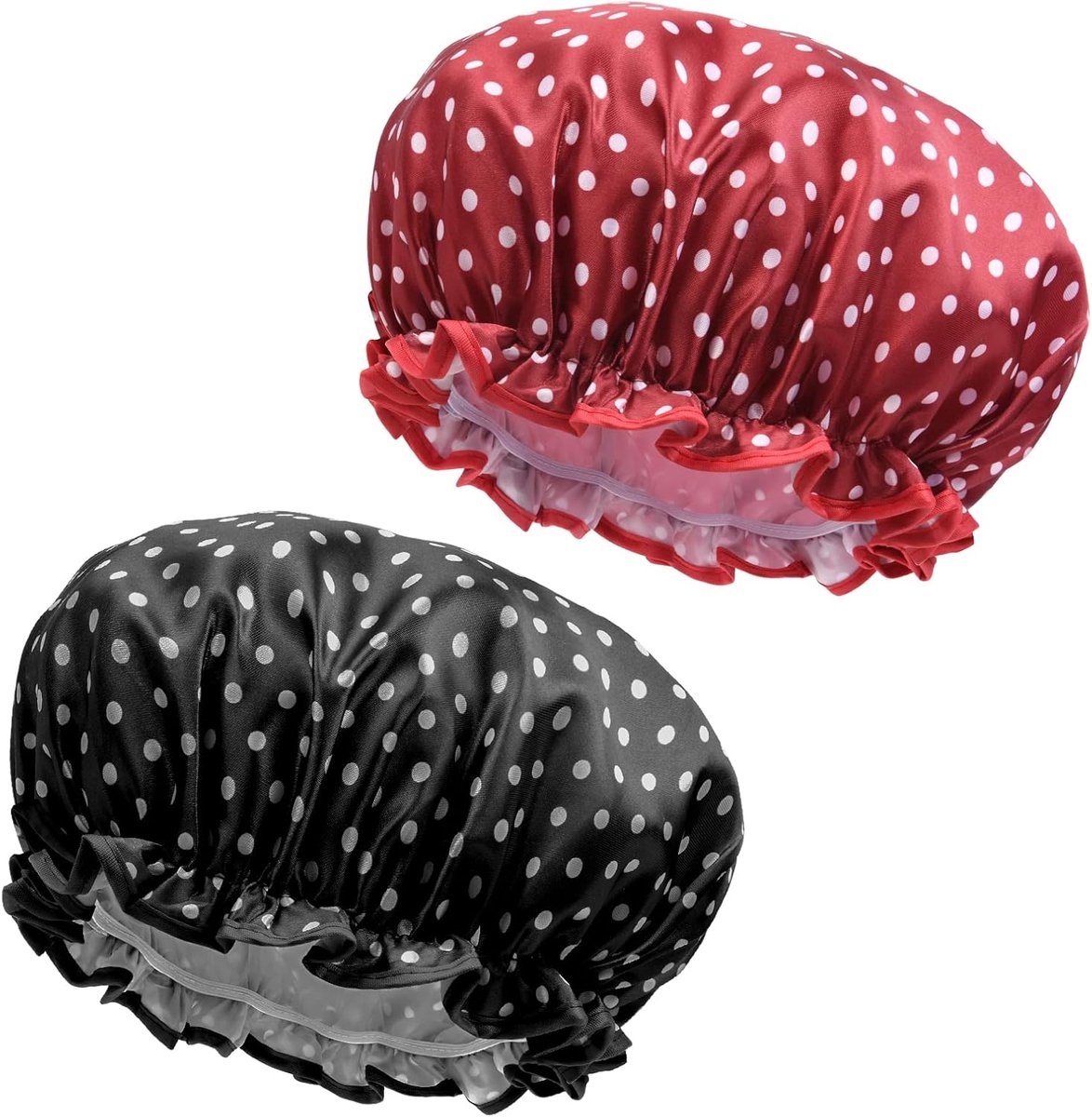 Douchemuts voor Vrouwen, 2 Stuks Dubbellaagse Waterdichte Elastische Douchemuts met Gegolfde Rand Die Oren Bedekt, Herbruikbare Douchekappen Oil-proof Caps Elastische Haarkap voor Dames Douche Kappers Spa Salon Slapen en Reisgebruik (Witte Stip)