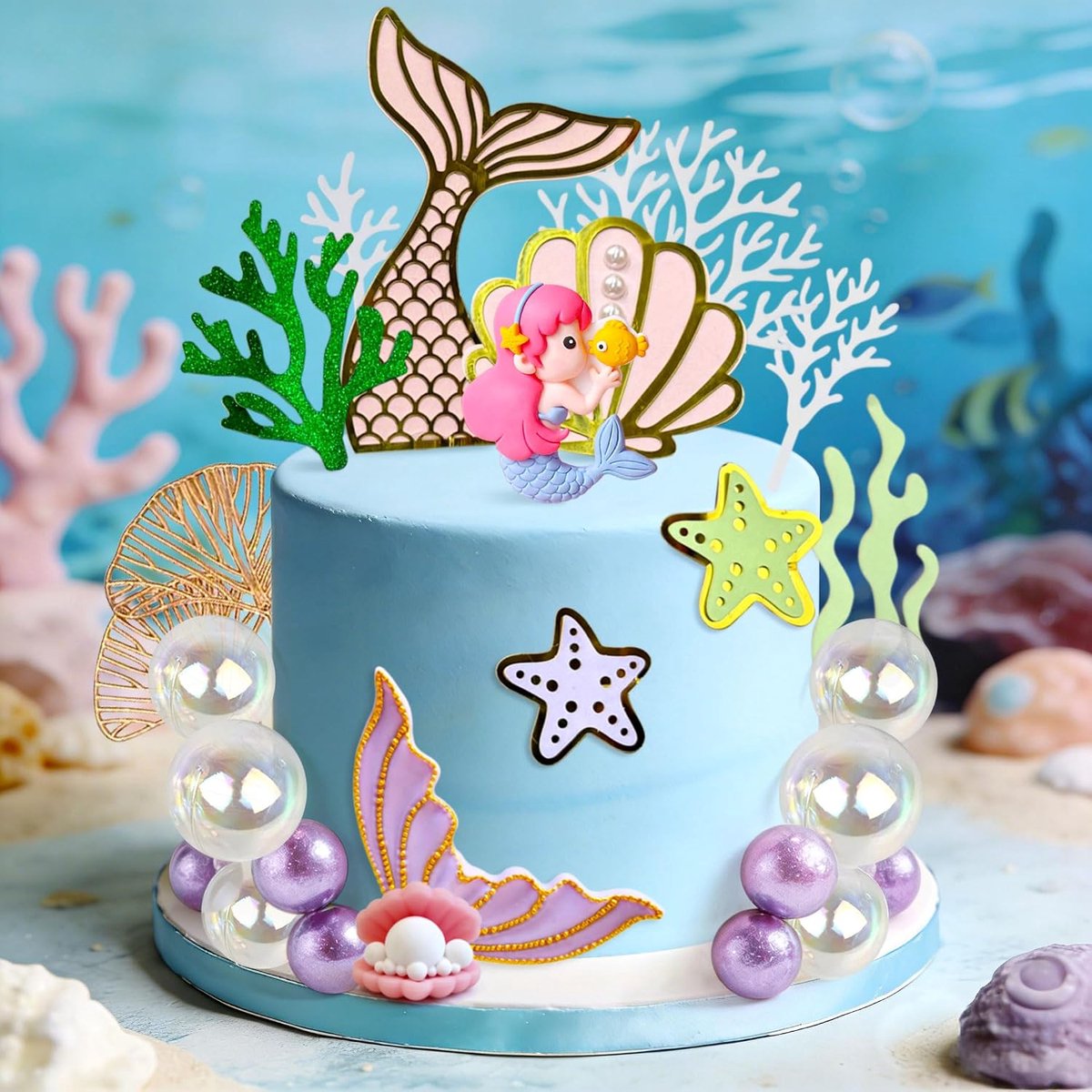 Zeemeerminnen staart taartdecoratie onderwater taarttopper schelp taarttopper zeemeerminnen staart taartdecoratie oceaan feestartikelen