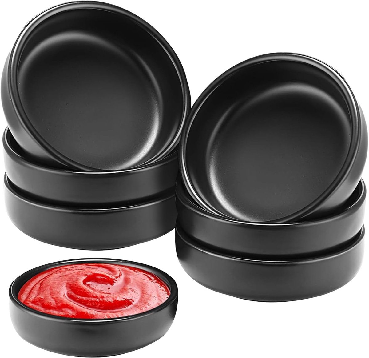 6 stuks sauskommen, ronde zwarte sausborden, mat materiaal, voor sojasaus, dips, gekookte voedselborden, ketchup, olijven, BBQ en feestaccessoires