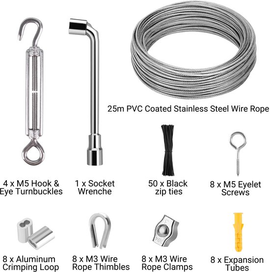 Stalen Staalkabelset 25m 3mm, Staalkabel Met M5 Ogen, Kabelspanner, Spanslot, Spandraad, Pvc-Ommanteld Voor Klimplanten, Hekken, Lichtophanging, Waslijn — afbeelding 2