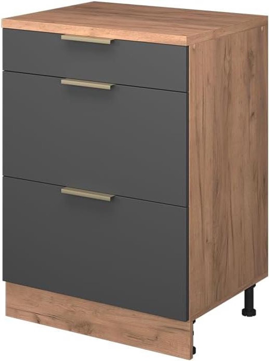 Keukenkast Schuine Wand - Opbergkast Lade - Ruimte Optimaliseren - 3 Laden - 60 cm Breed - Antraciet Goud