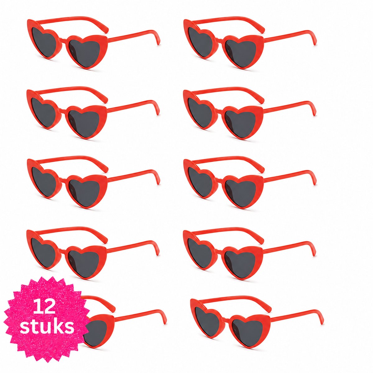 Joya Party® 12x Rode Hartjes Zonnebrillen voor Volwassenen | Hartvormige Zonnebril | Party Accessoires Vrijgezellenfeest Dames | Festival, Verjaardag, Bruiloft, Bachelorette, Themafeest | Set van 12 Stuks Rood