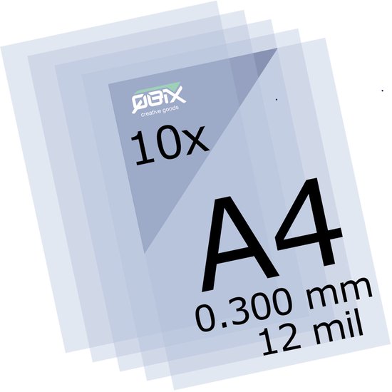 Stapel transparante A4 vellen, 0.300 mm dik, met QBIX logo en "10x A4" tekst.