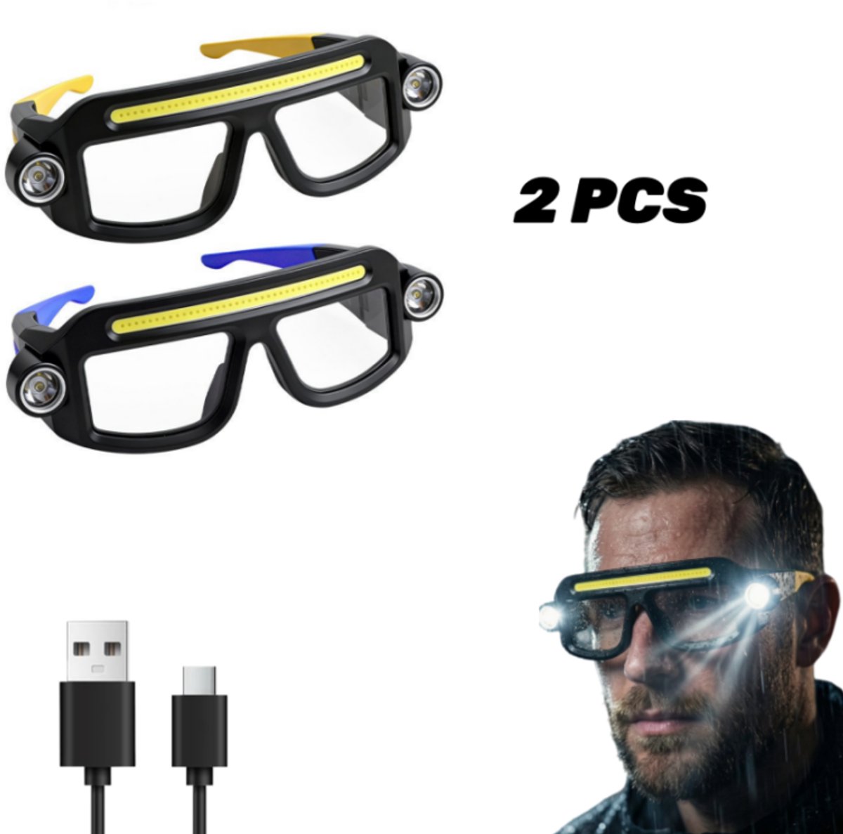 Namajunas - LED hoofd lamp bril - 2 stuks - Werkbril met verlichting - USB oplaadbaar - Uitgerust met COB-vloodlicht en spotlight - 5 instelbare licht standen - Perfect voor zowel binnen als buiten – voor nachtvissen, hardlopen, reparaties en meer
