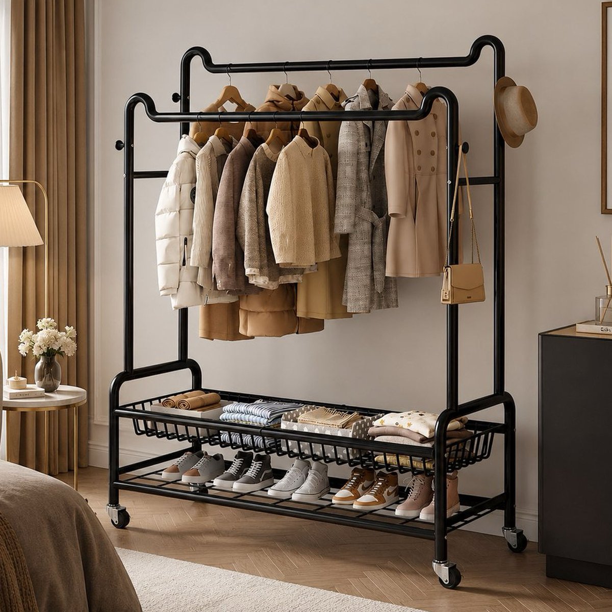 Eleganca Kledingrek XXL - H170 x B150 x D45 cm - Professioneel Garderoberek op Wieltjes - Extra Stevig - Kledingstang - Kledingrek met Schoenenplank - Garderoberek met Ophanghaken - Kledingrek dubbel - Metaal - Zwart