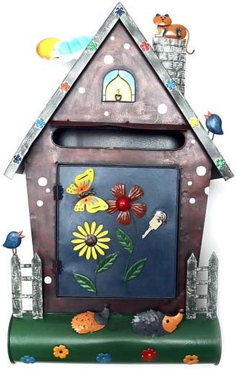 Wandbrievenbus - Postbus decoratief - Post ontvangen - Met krantenrol - 63 x 37 cm - Huis met kat