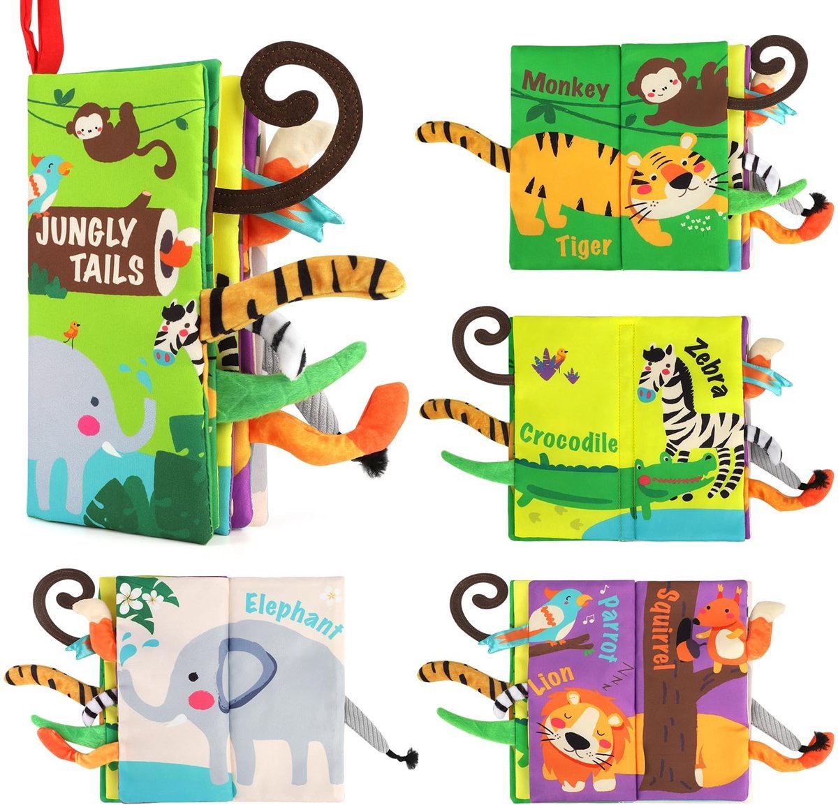 Casalora Buggyboekje - Knisperboekje Baby - Jungle Animals - Baby Boekje - Activiteitenboekje Stof - Dieren met Staarten