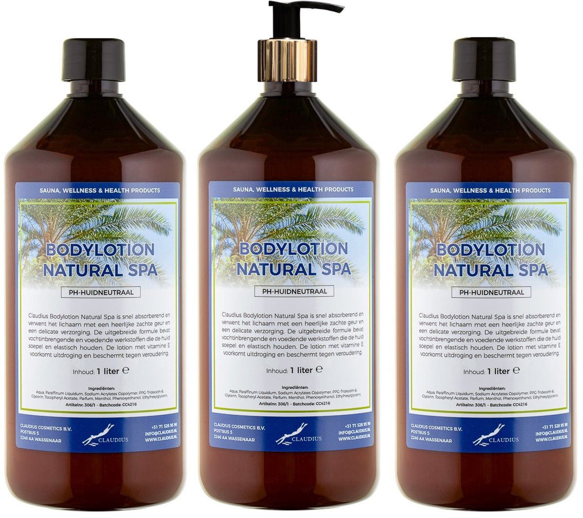 Bodylotion Natural Spa 1 Liter - met gouden pomp - set van 3 stuks