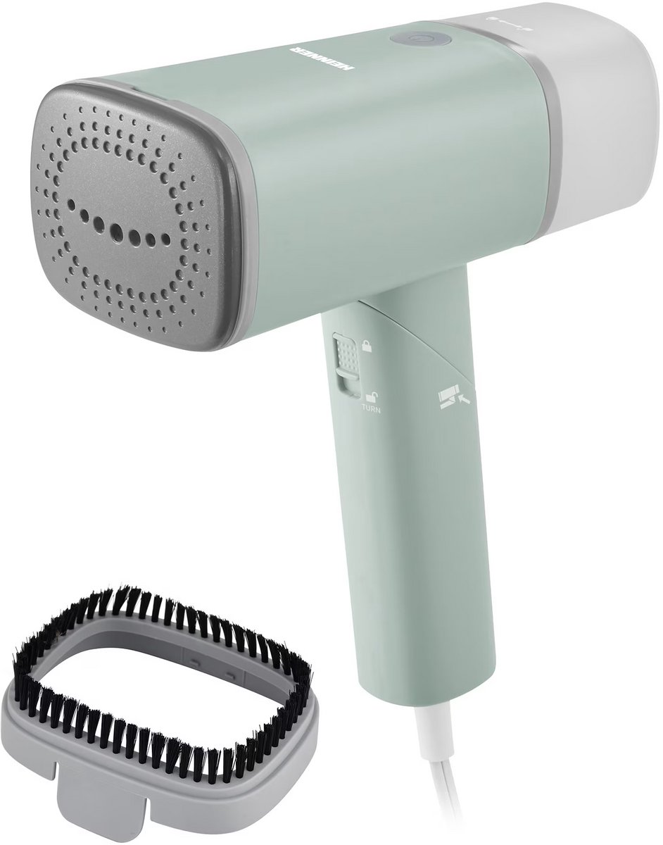 Heinner Handkledingstomer – 1300-1500 W – Waterreservoir 140 ml – Opwarmtijd 30 sec – Handstomer – RVS-stoomplaat – Opvouwbare Handgreep – Textielborstel – Groen