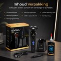 Inhoud verpakking: scheerapparaat, reinigingsstation, reinigingsvloeistof, reinigingsborstel, USB-C kabel en handleiding.