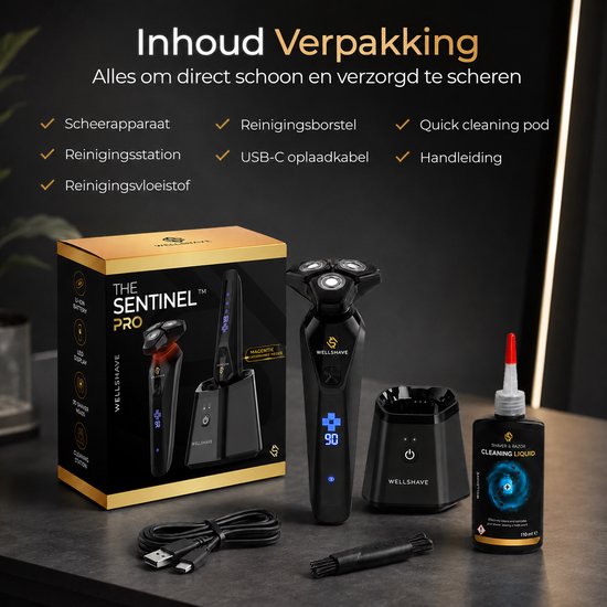 Inhoud verpakking: scheerapparaat, reinigingsstation, reinigingsvloeistof, reinigingsborstel, USB-C kabel en handleiding.