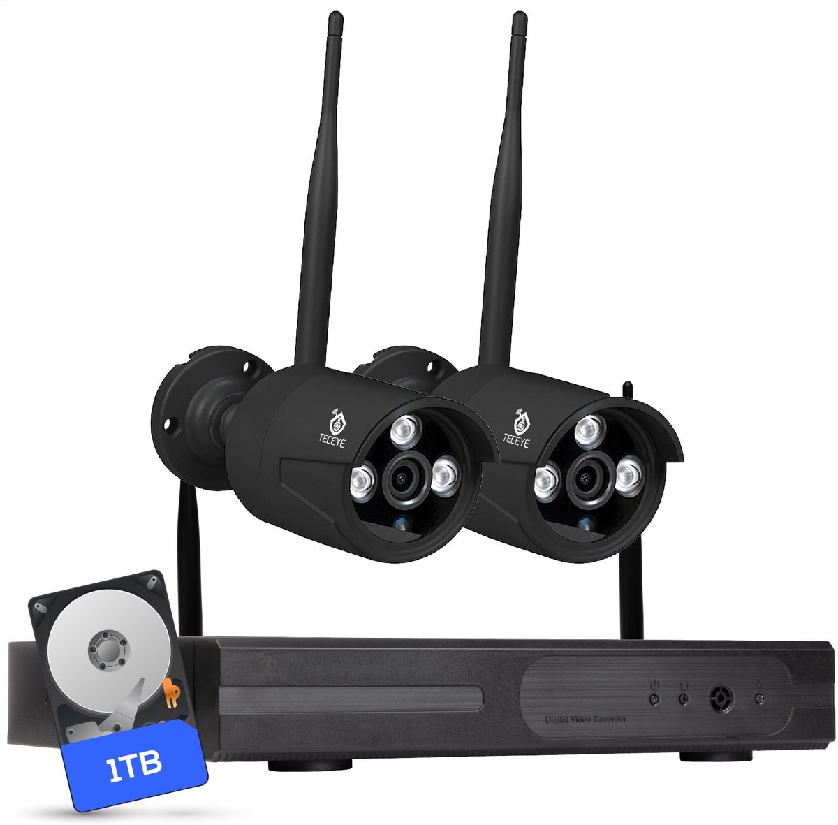 Teceye - Bullet Beveiligingscamera Buiten met Recorder - Draadloze Buitencamera - 2 Camera - 1TB Opslag