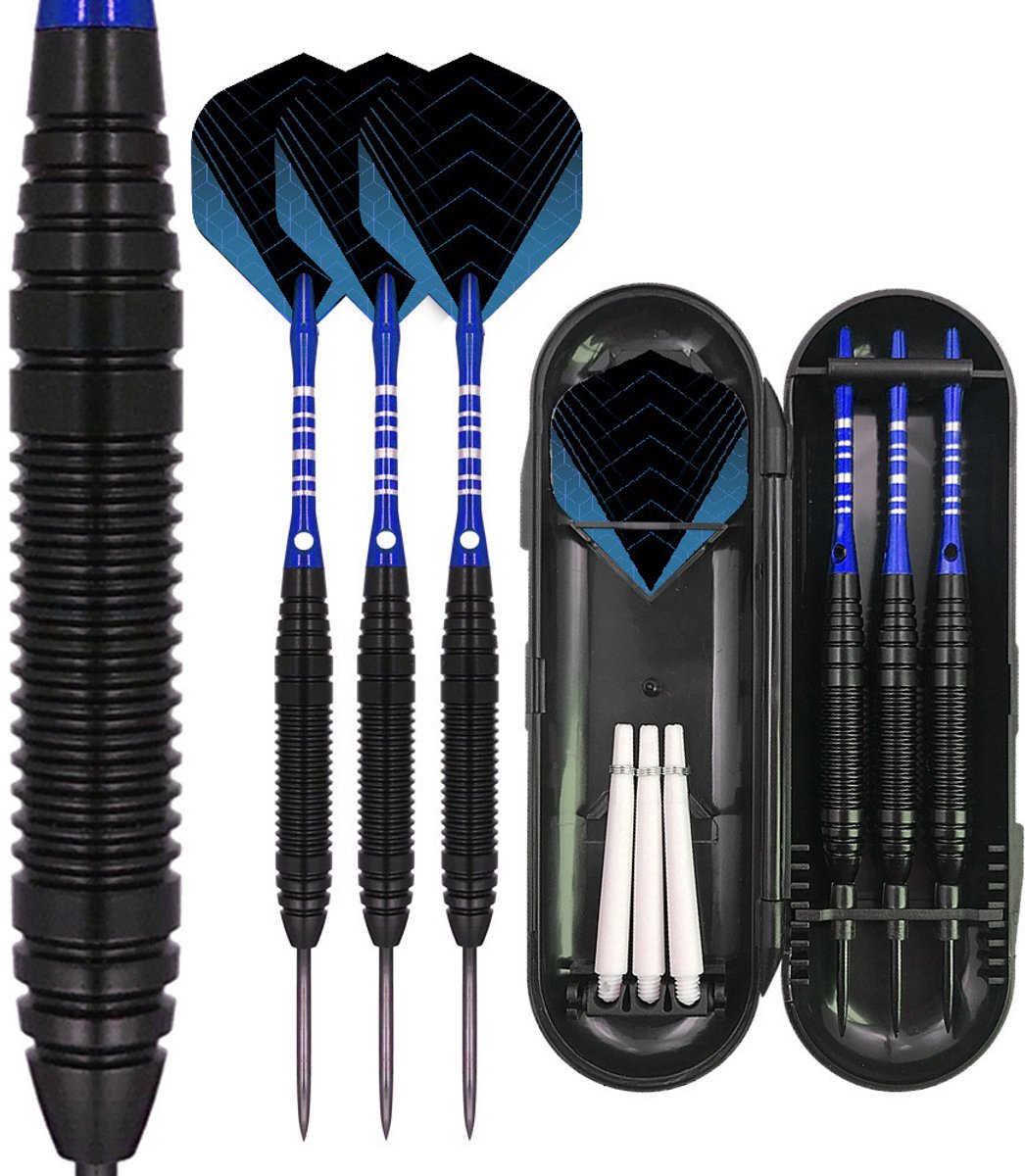 RAMBUX® Dartpijlen set - 23 gram - 3 hardtip darts - Steeltip dartpijlen - Metalen barrel met grip - Met dart case & opbergdoos - Reserve flights en shafts - Voor sisal dartbord - Blauw