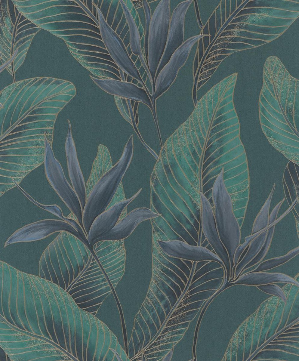 Behang - Bladeren - Luxe Structuur - Blauw Groen - Glans - Hotel Chique - Vliesbehang - Woonkamer Slaapkamer - 0,53 x 10,05 M – Whisper