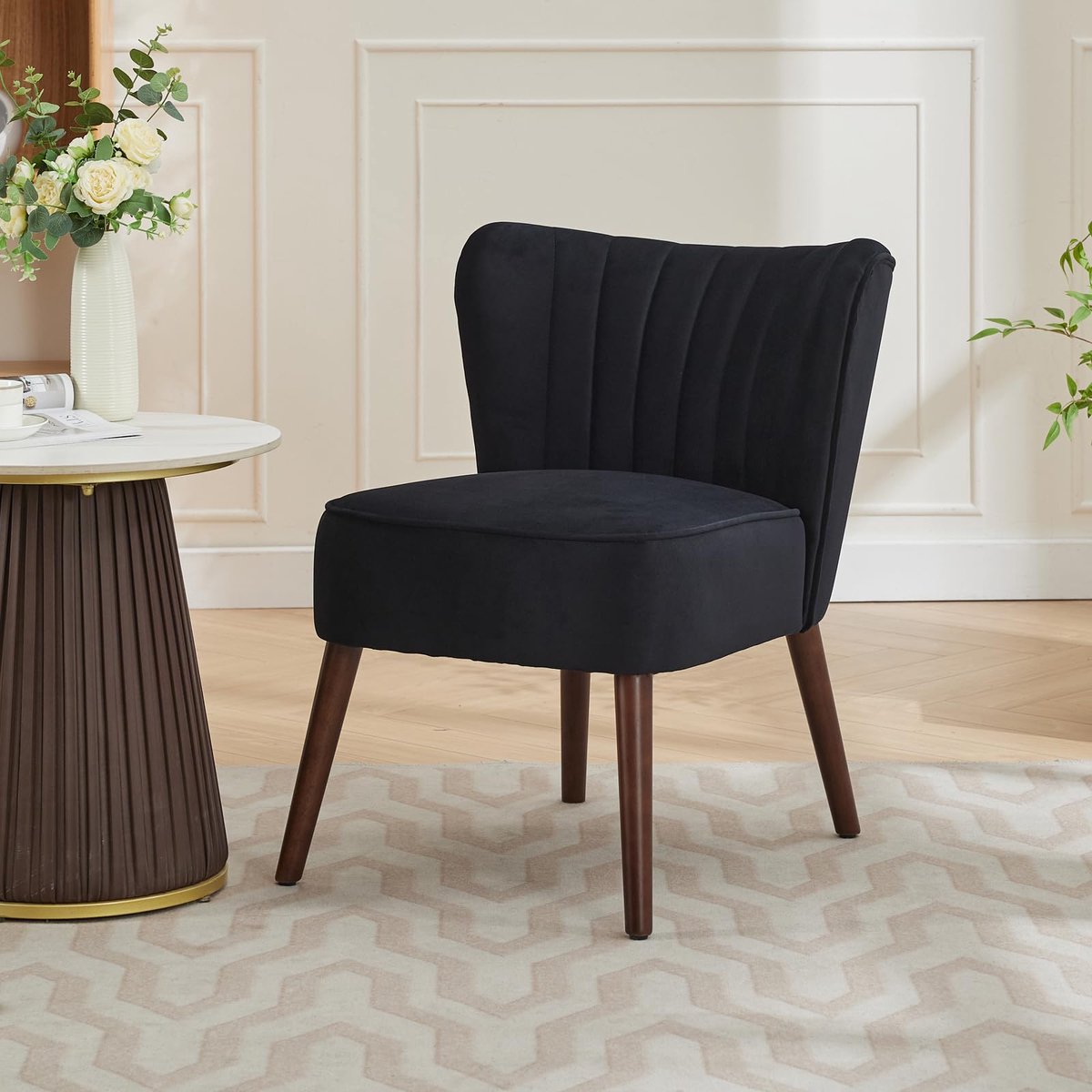 Fauteuil Zonder Armleuningen - 55x68.5x74cm - Lounge Chair - Accentstoel Mid Century - Fluwelen Bekleding Zacht - Voor Woonkamer Eetkamer Kantoor - Zwart