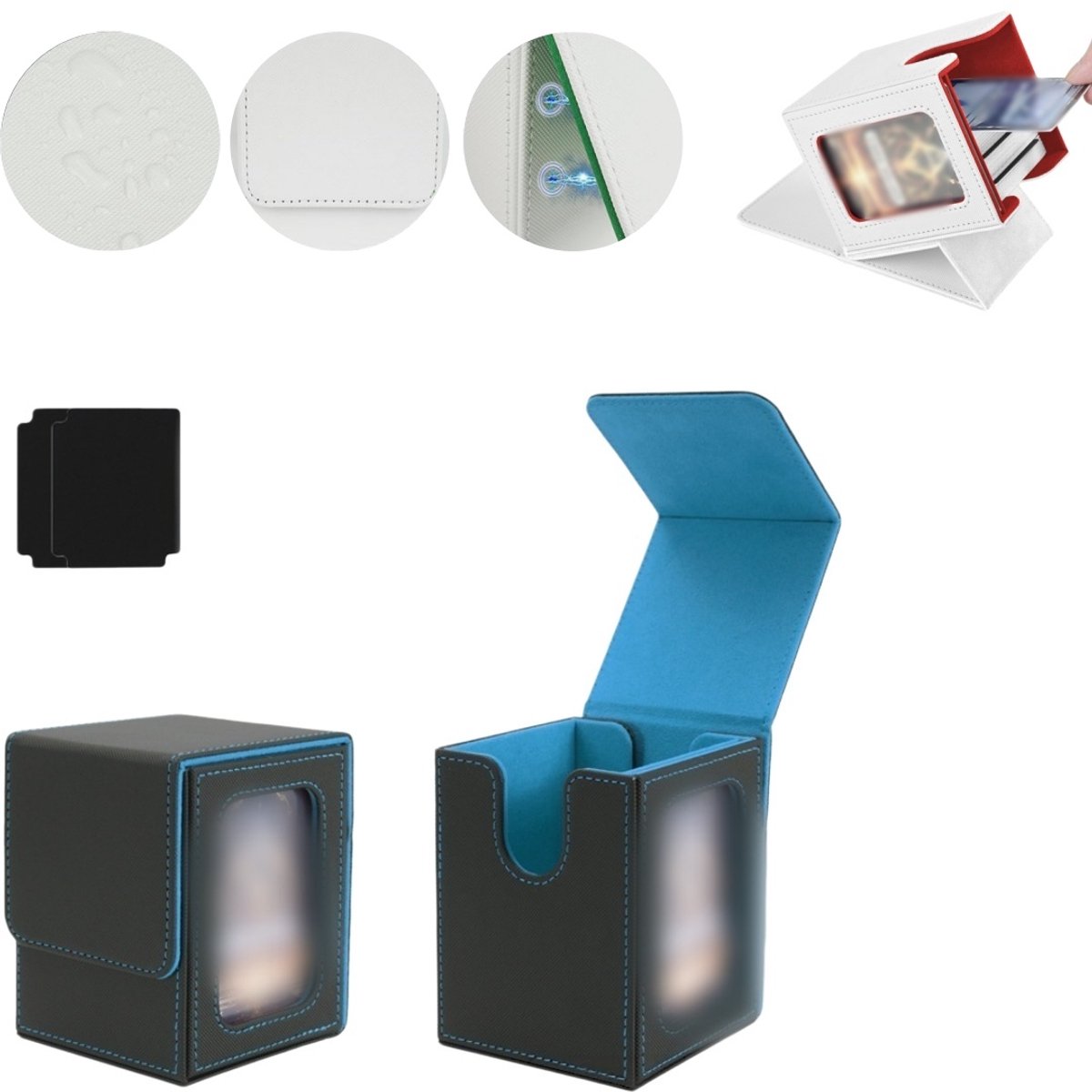 Kaartenopbergdoos – Magnetische TCG-displaydoos – Geschikt voor 100 kaarten met dubbele sleeves – Verticale deckbox van PU-leer – Verzameldoos met kijkvenster – 8,5 x 9,5 x 11,2 cm