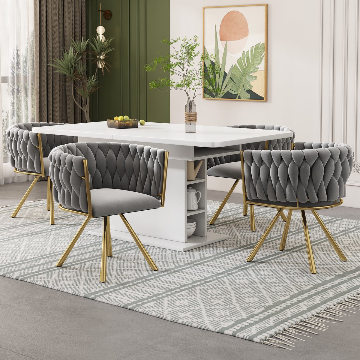 Clruro Eetkamerstoelen - 4 Stuks - 360° Draaibaar met Gebogen Rug - Fluweel en Metaal - Grijs/Goud