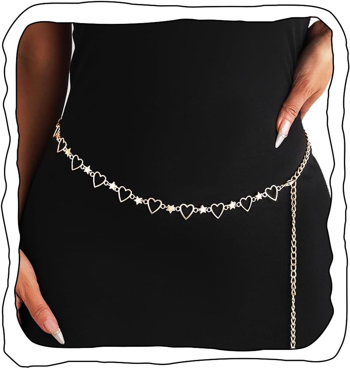 Gouden tailleketting - Stijlvolle damestailleketting - Sprankelend en feestelijk - Modieuze metalen tailleketting met uitgeholde hartvormige kwastjes
