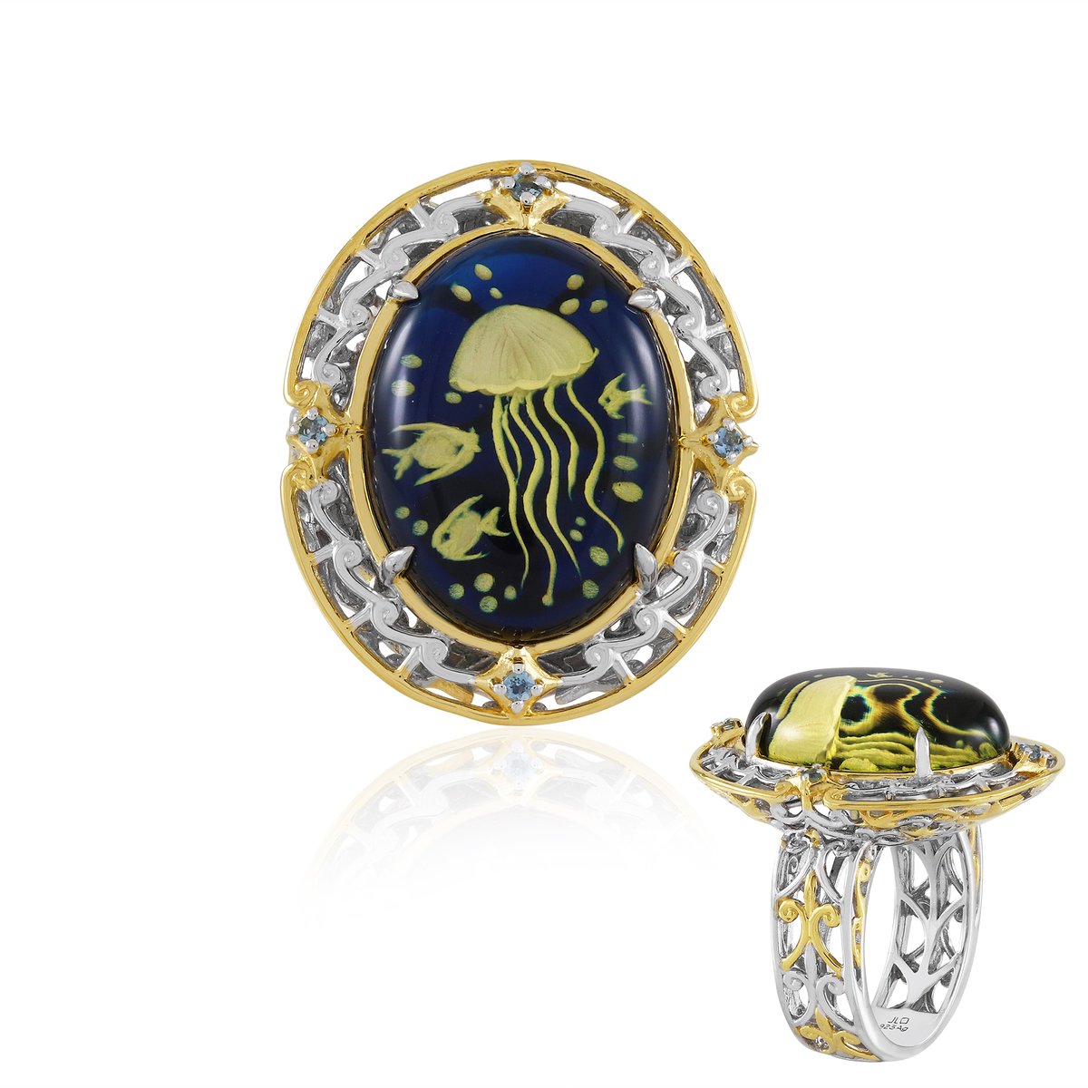 Cavill - Zilveren ring 925 Sterling - Blauwe barnsteen ovaal 5,211 ct & Braziliaanse aquamarijn 0,072 ct - Elegante natuurlijke kleuren