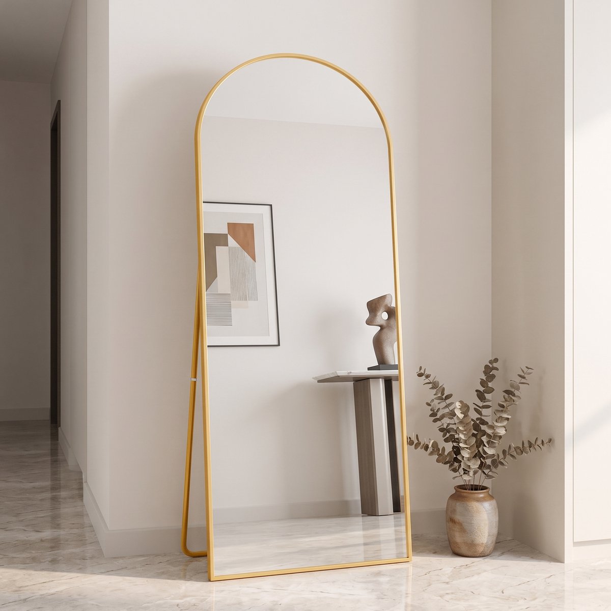Volledig Gebogen Spiegel 180x80cm, Minimalistische Vrijstaande Spiegel, Grote Staande Spiegel, Gebogen Vrijstaande Spiegel, Hangend, Elliptisch, voor Slaapkamer, Woonkamer, Hal (Goud, 180x80 cm)