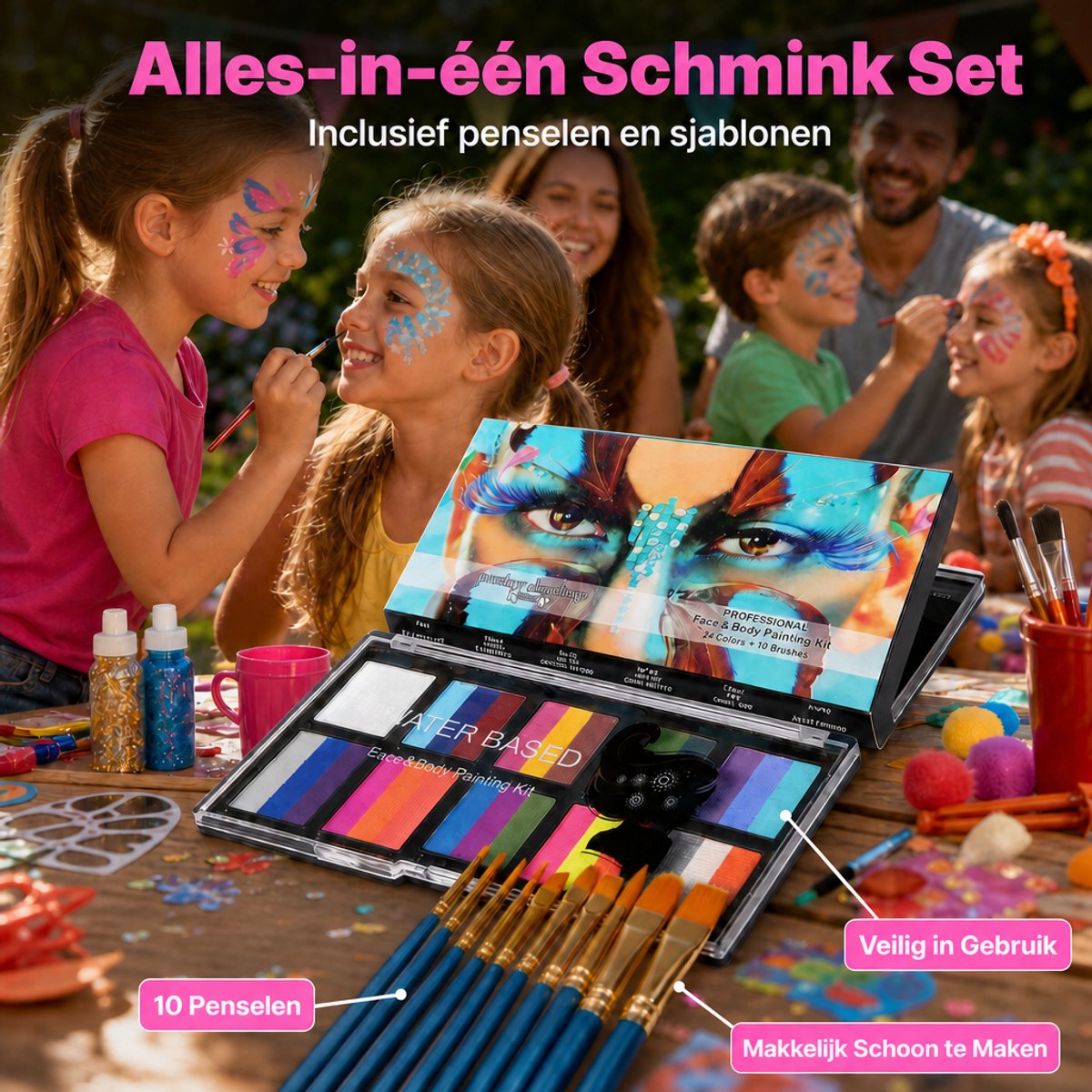 Professionele Kinderschmink Set - 26 Kleuren - Waterbasis - Incl. 10 Penselen & Sjablonen - Hét Ideale Koningsdag & Festival Cadeau - Veilig voor Kind & Volwassenen — afbeelding 3