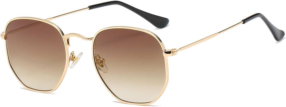 Veelhoekige zonnebril voor heren en dames, licht zeshoekig metalen frame, UV400-bescherming
