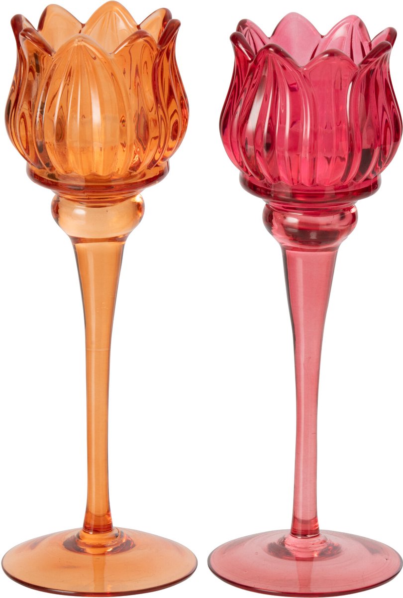 J-Line Tulpvormig windlicht op voet - glas - oranje/fuchsia - large - assortiment van 2