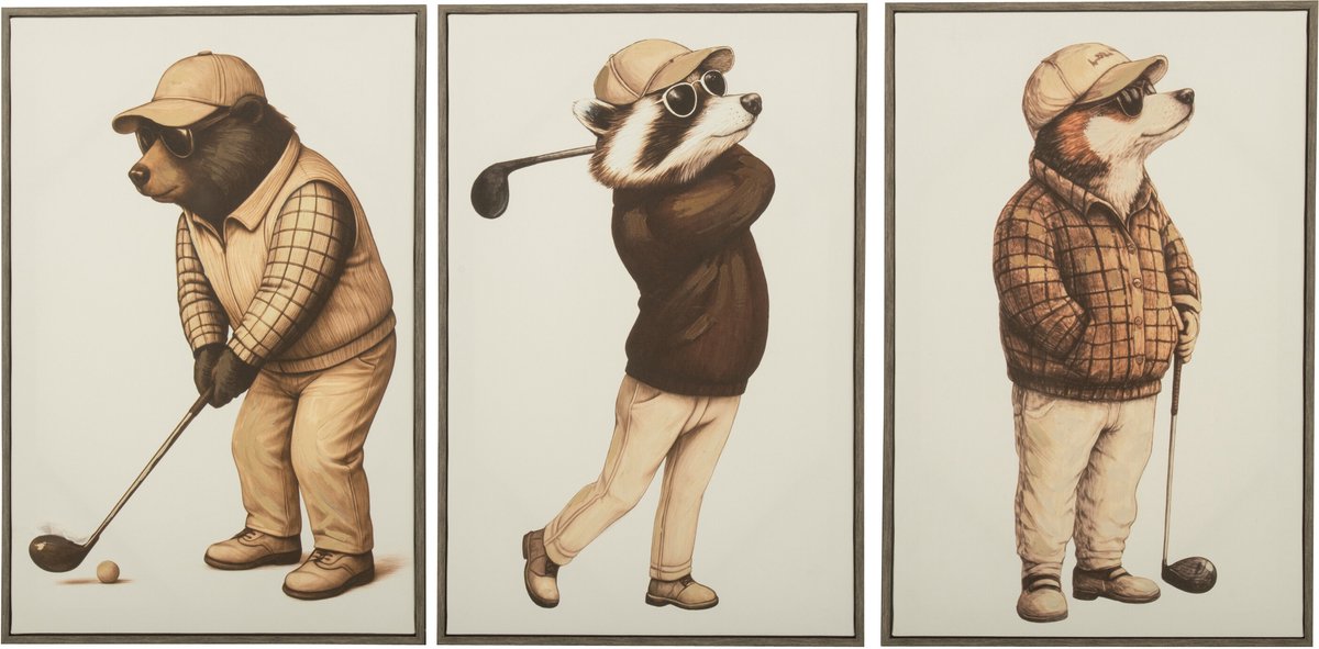 J-Line Print golf met dieren - MDF - beige/bruin - assortiment van 3