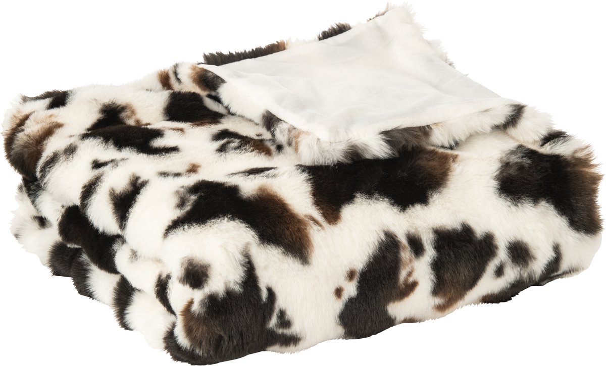 J-Line Deken met koeienmotief - polyester - wit/donkerbruin
