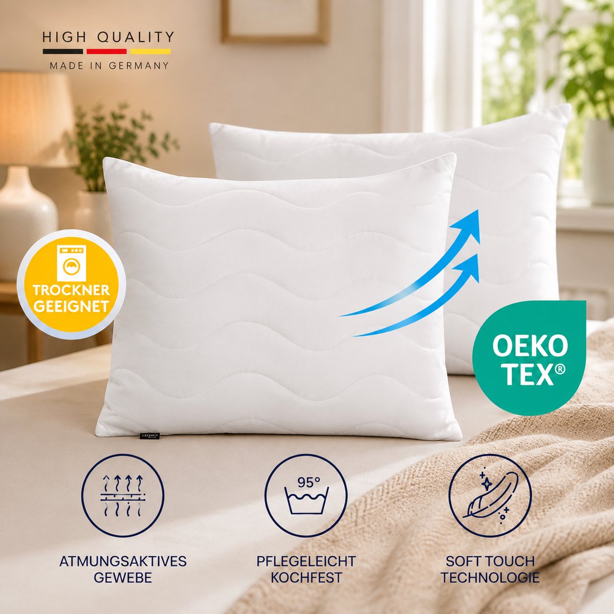 Hoofdkussen set van 2 – 80x80 cm medium – met 850 g vulling – wasbaar tot 95 °C – voor bed en bank