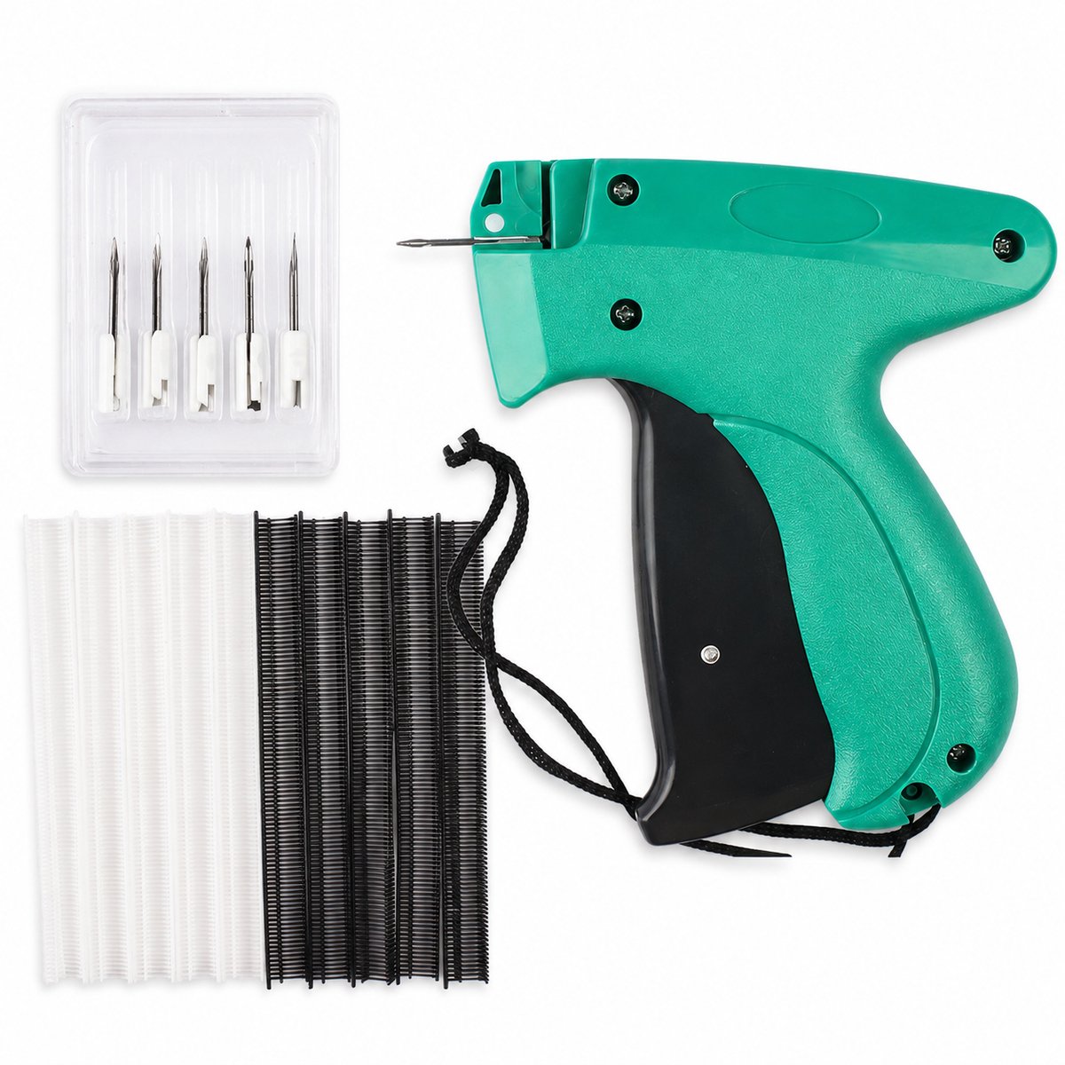 Kledingreparatiepistool — Handgereedschap en Snelgereedschap voor kledingreparatie — Draagbaar mini-naaigereedschap — Kledinglabelpistool — Groen en zwart (inclusief 5 naalden + 5 mm zwarte en witte naalden met 1000 draden per naald)