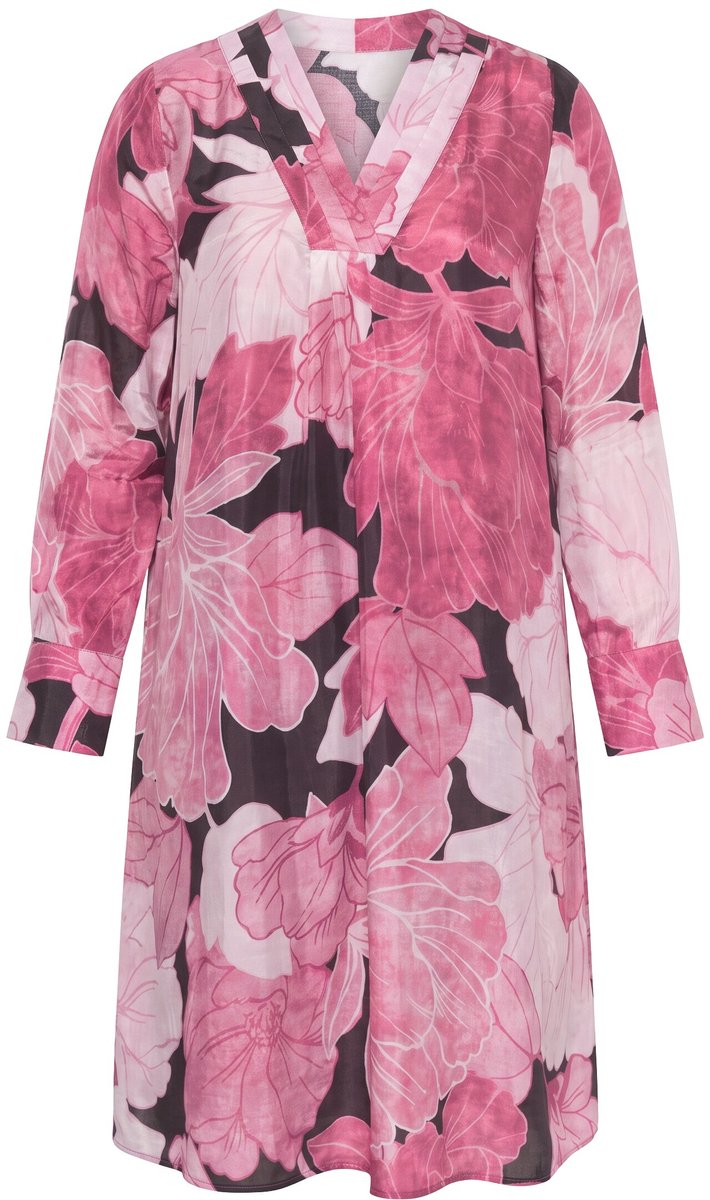 Ulla Popken - Dames - Jurk cupro-mix bloemen V-hals lange mouwen - Donkerpruim - Maat 46+