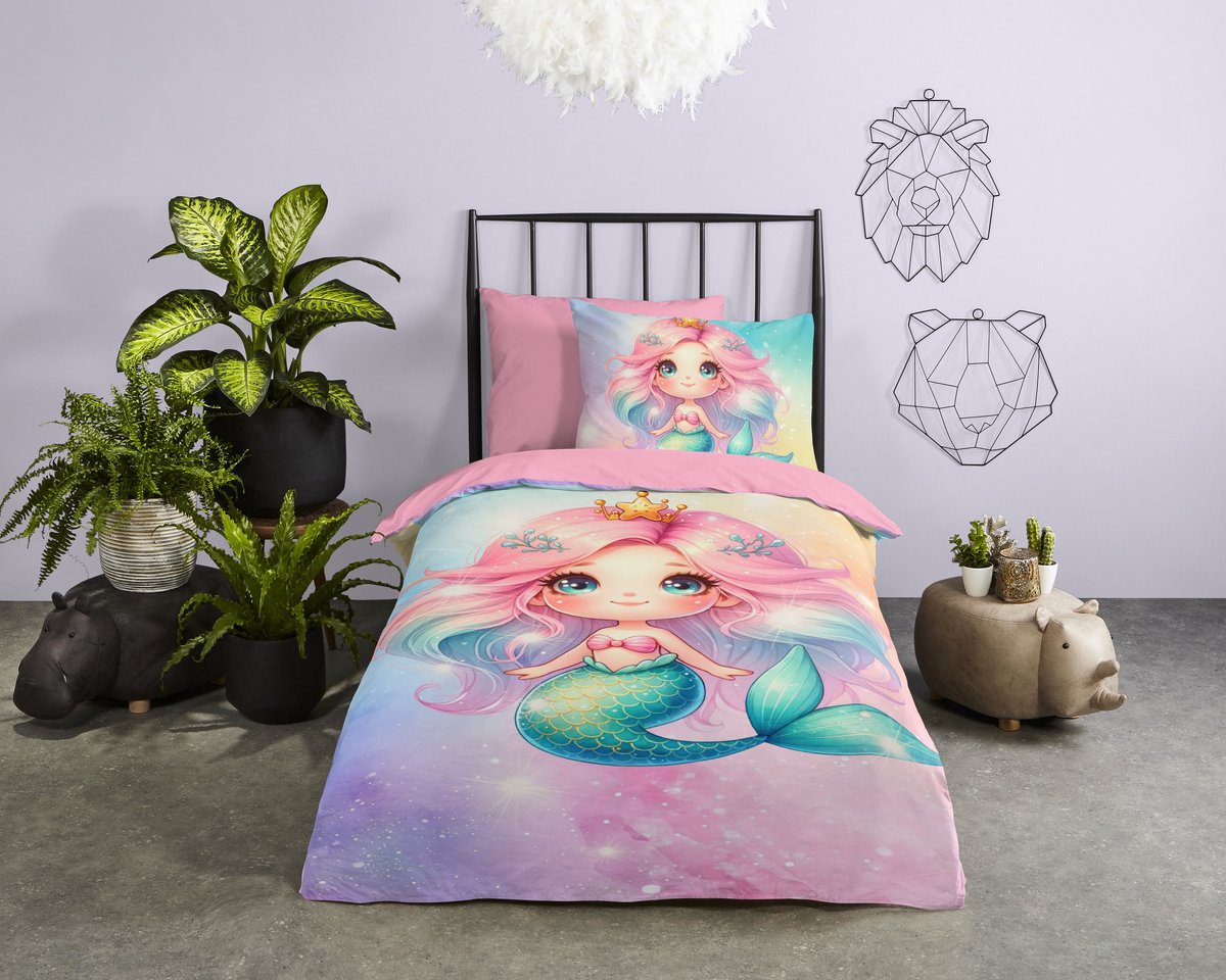 Pure dekbedovertrek zeemeermin prinses - 1 persoons 140x200/220 cm - Roze - Microvezel
