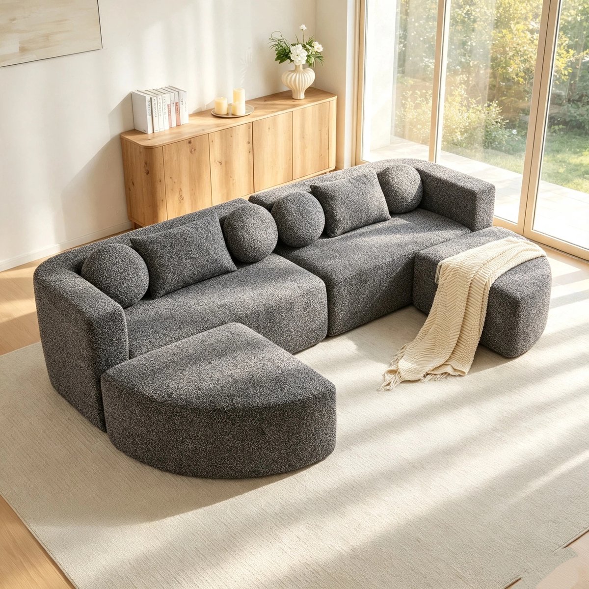 Moderne Hoekbank, U-Bank, 4-Zitsbank, Modulaire Slaapbank met Slaapfunctie, Volledig Gecomprimeerde Wolkenbank, Chenille, Geen Montage, B292 x D165x H68 cm-Zwart