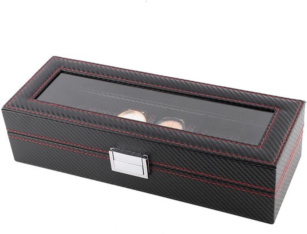 Horlogedoos 6-slots - Koolstofvezel - Sieradendisplay - Opbergoplossing - PU Materiaal - Zwart - Modieus Design - Sieradenbox