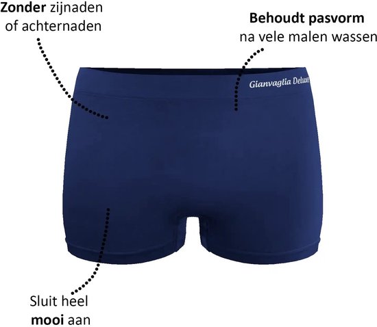 Donkerblauwe, naadloze short. Zonder zijnaden. Behoudt pasvorm. Sluit mooi aan.