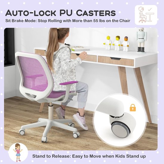 Kinder Bureaustoel - Studie Stoel - Comfortabel Zitten - Antislip Wielen - 43-55 cm Hoogte - Paars van Kinder — afbeelding 3