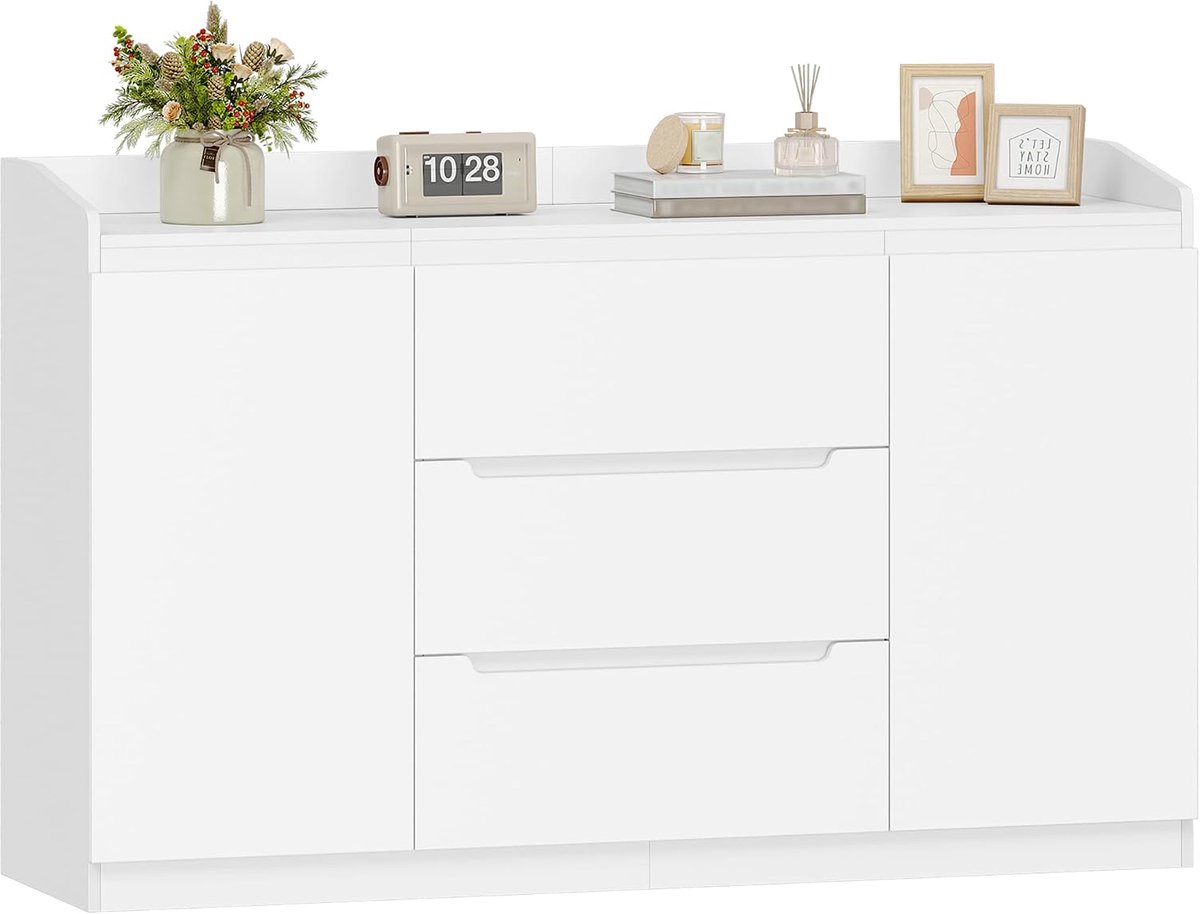 Hzuaneri Commode, 3 Laden, 2 Deuren, 40 x 140 x 87 cm, Wit, Houten Commode, Moderne Opbergkast voor Slaapkamer, Woonkamer, Kantoor, Hal