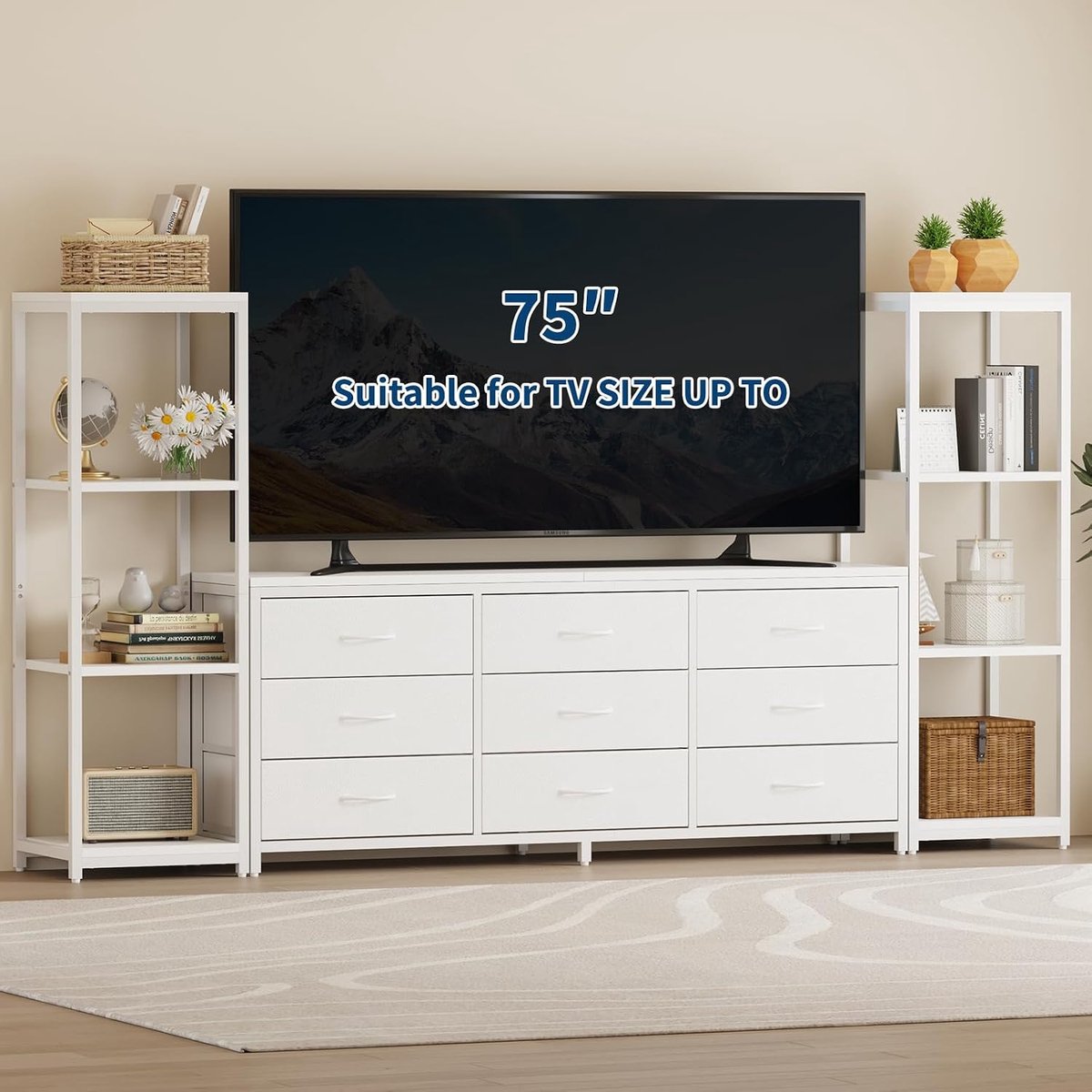 Triumpunpre - TV Meubels voor woonkamer en entertainmentcentrum - met 9 stoffen laden 2 opbergplanken - geschikt voor tv tot 76 inch - Wit