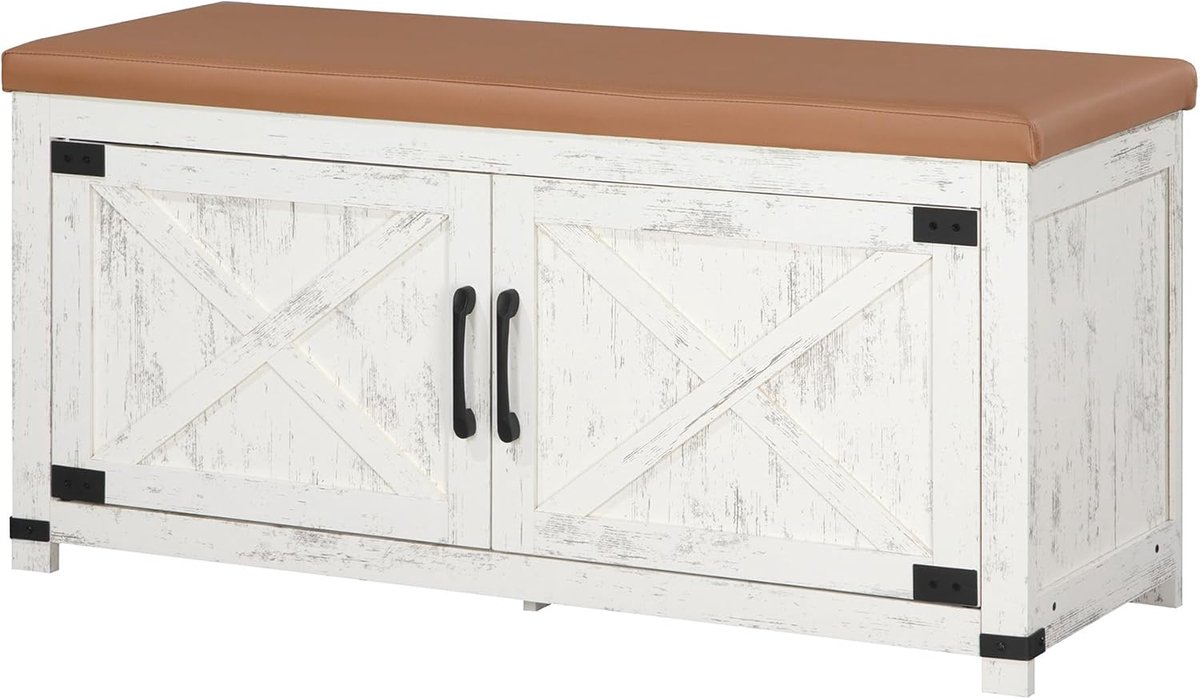 Hzuaneri Schoenenbank met zitje, 12 paar vintage bruin en wit, Schoenenkast, schoenenrek met bank, gewatteerd kussen, 35 x 100 x 49 cm, voor entree, woonkamer, hal