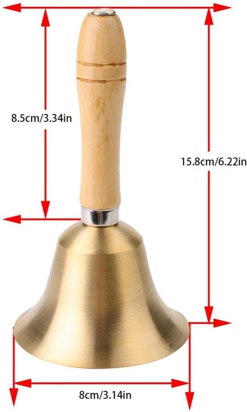 Handbel Messing - Klassieke Bel - Aandacht Trekken - Houten Handvat - 8 CM Diameter - Goud — afbeelding 5